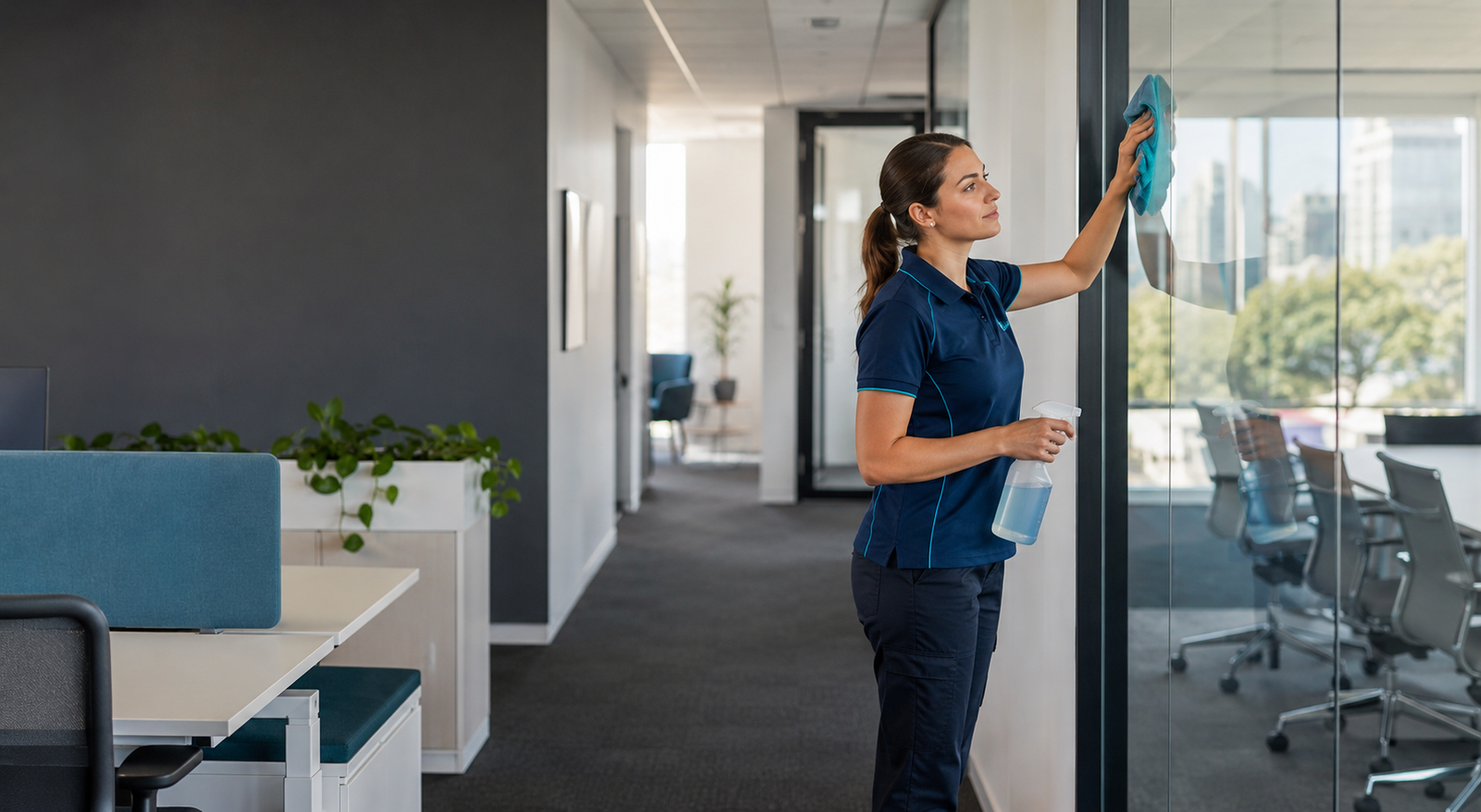 Professional cleaner wiping glass in a bright commercial workplace